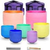 Leize Chakra Tuned 432hz Set of 7 Color Quartz Crystal Singing Bowls 6-12 inch with Heavy Duty Carrying Cases and Singing Bowl Mallets