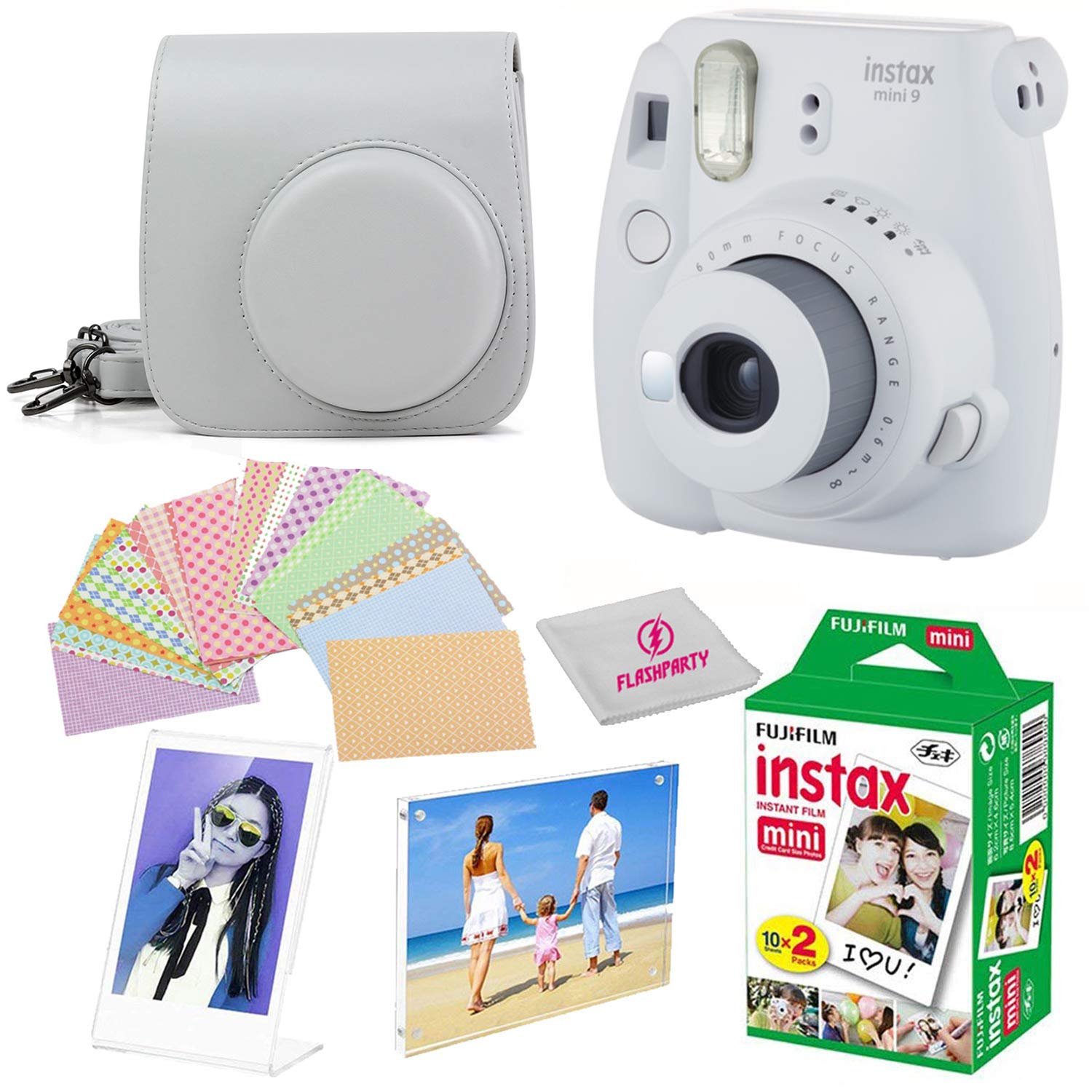 Fujifilm Instax Mini 9 instant Fuji Camera SMOKEY WHITE+ Camera Case + instant Mini 9 Film Twin Pack + instax Picture Frame + Magnet Frame + 20 Border Stickers Kit +FREE Cleaning cloth (Smokey White)