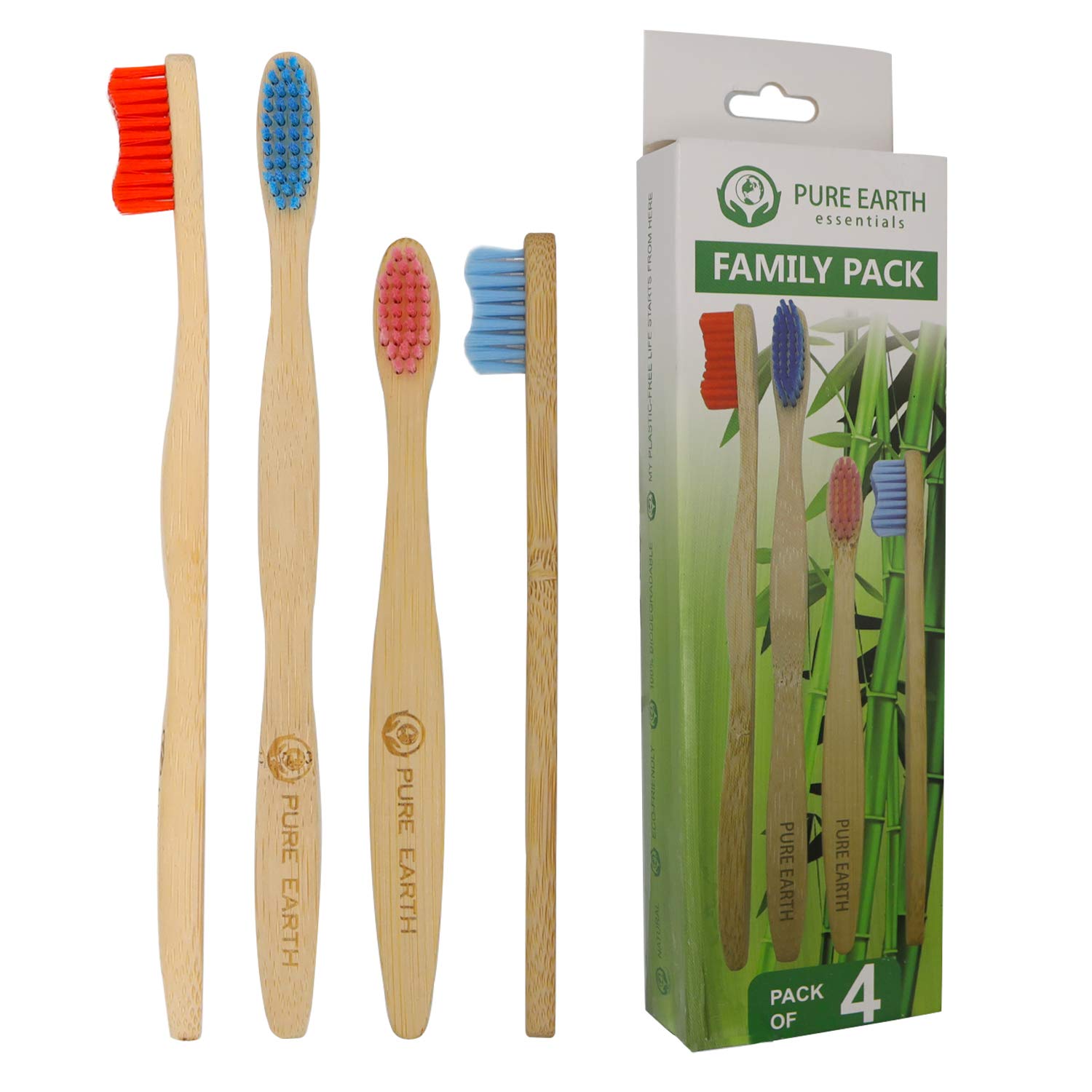 Family Set Natural Bamboo Toothbrushes - Organic Wooden Toothbrush - Biodegradable Eco Toothbrush with Soft Bristles for Dental Care and Sensitive Gums by Pure Earth Essentials (2 Adults and 2 Kids)
