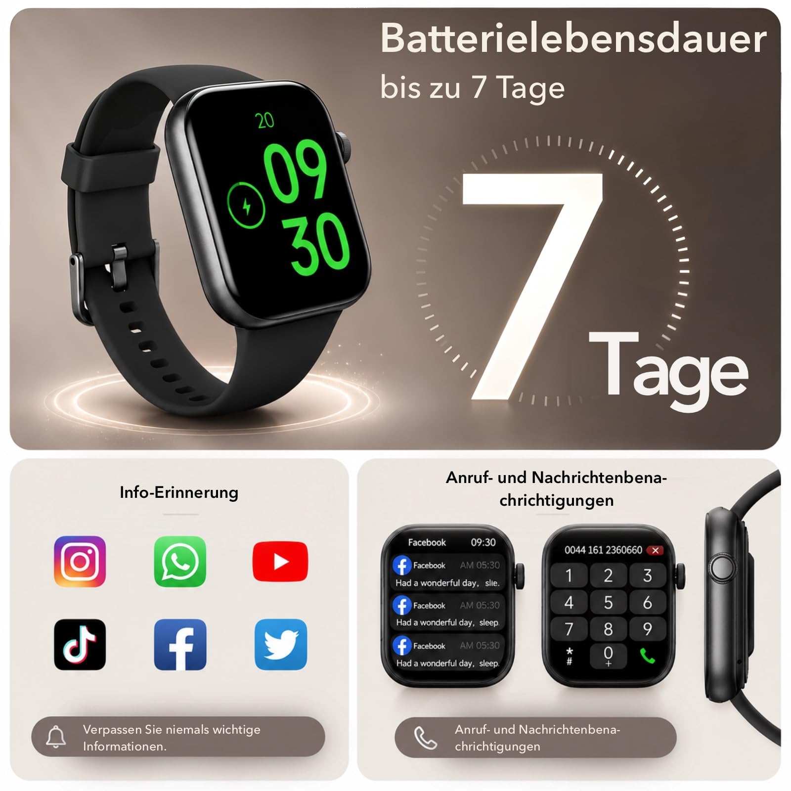 Smartwatch Damen Herren, 1,85" HD Touch Fitnessuhr mit Telefonfunktion, 140+Sportmodi Smart Watch Fitness Tracker mit Pulsmesser Schlafmonitor Schrittzähler, IP68 Wasserdicht Sportuhr für iOS Black 5