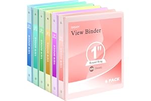 SUQJOY 1" 3-Ring Binder, 1-inch Pastel Color Binders with 2 Inside Pockets, Clear View Cover Binder Holds 8.5'' x 11''Paper, Round Ring Binders for Office/Home/School, 6 Pack (Assorted 6 Colors)