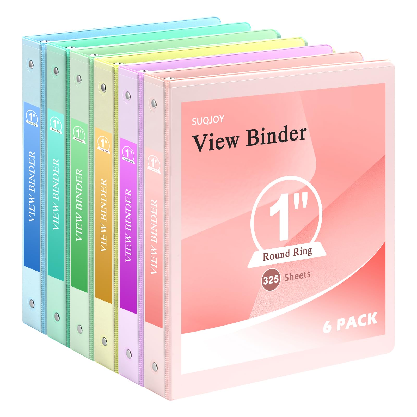 Photo 1 of 1" 3-Ring Binder, 1-inch Pastel Color Binders with 2 Inside Pockets, Clear View Cover Binder Holds 8.5'' x 11''Paper, Round Ring Binders for Office/Home/School, 6 Pack (Assorted 6 Colors)