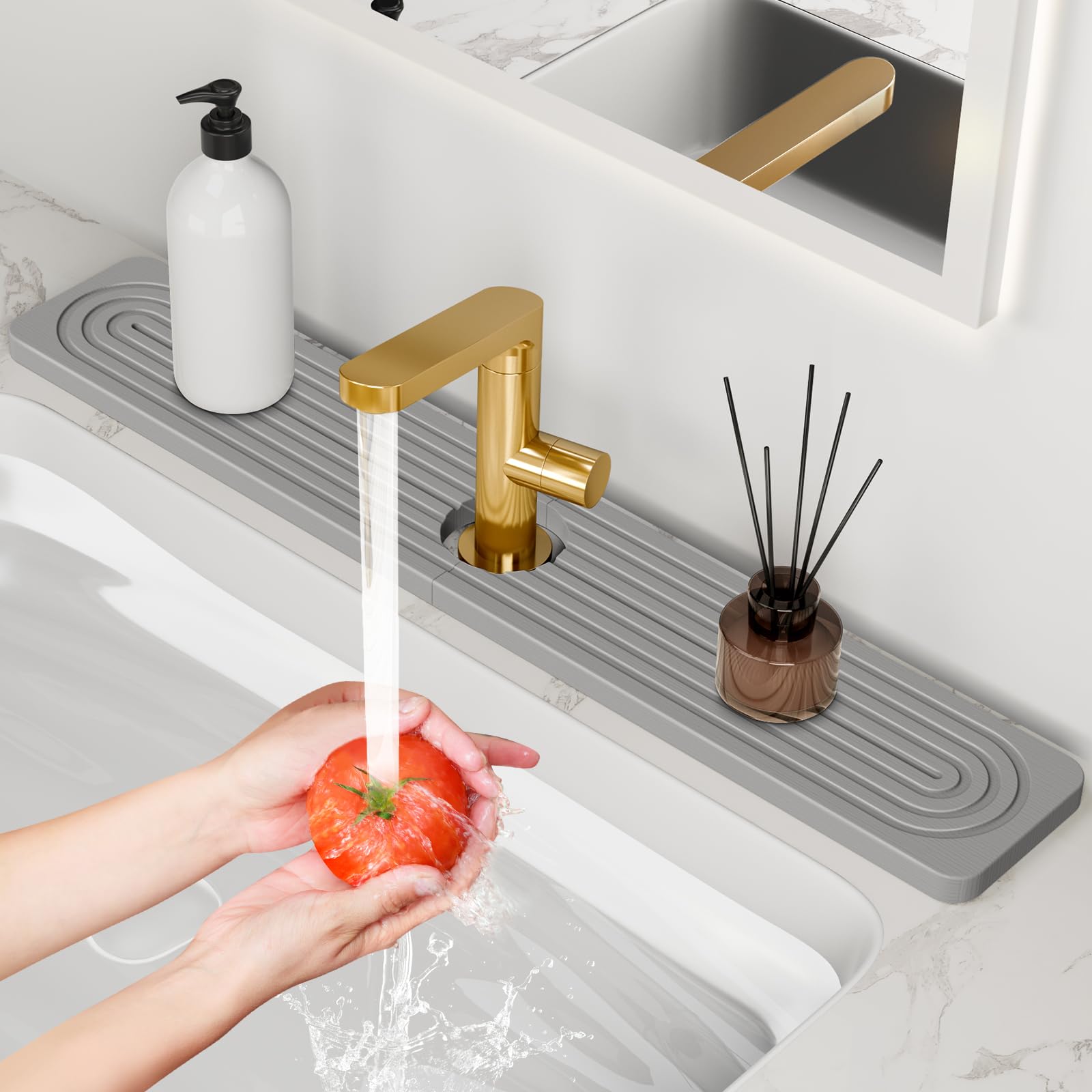 Photo 1 of 24'' Longer Faucet Mat for Kitchen Sink [Diatomite Stone Super Fast Drying] Stone Faucet Mat for Kitchen Sink Splash Guard Sink Stone Quick Dry around Faucet Stone Drying Mat Bathroom Quick Drying Mat