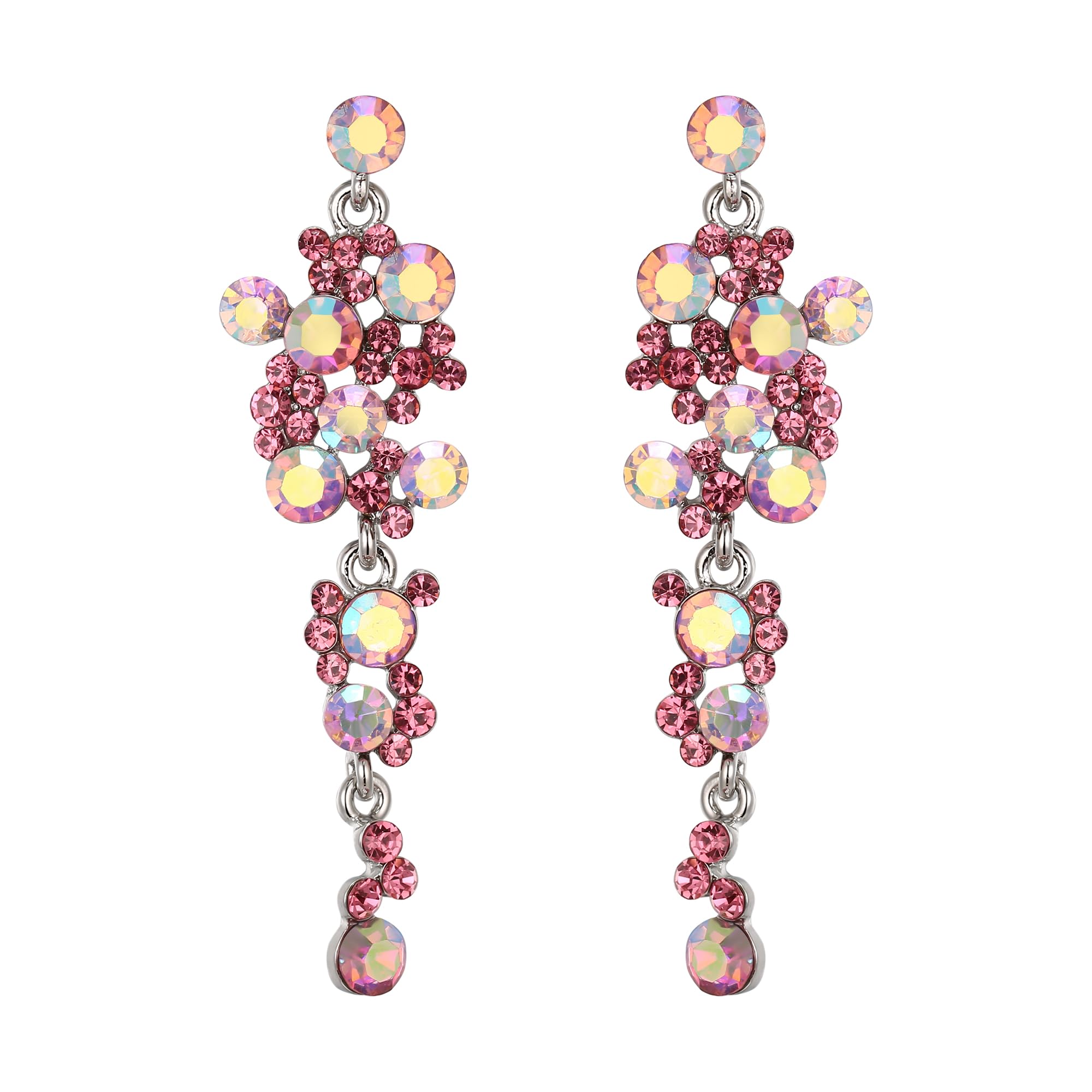 EVER FAITH Women's Crystal Wedding Bohemian Boho Floral Chandelier Long Dangle Earrings Pink Silver-Tone