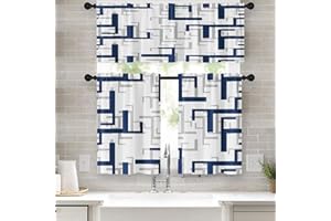 Emvency 36 Inch Kitchen Curtains Navy Blue and Grey Geometric Abstract Art Window Curtains and Valances Set of 3, White Modern Art Background Short Tier Curtain for Kitchen