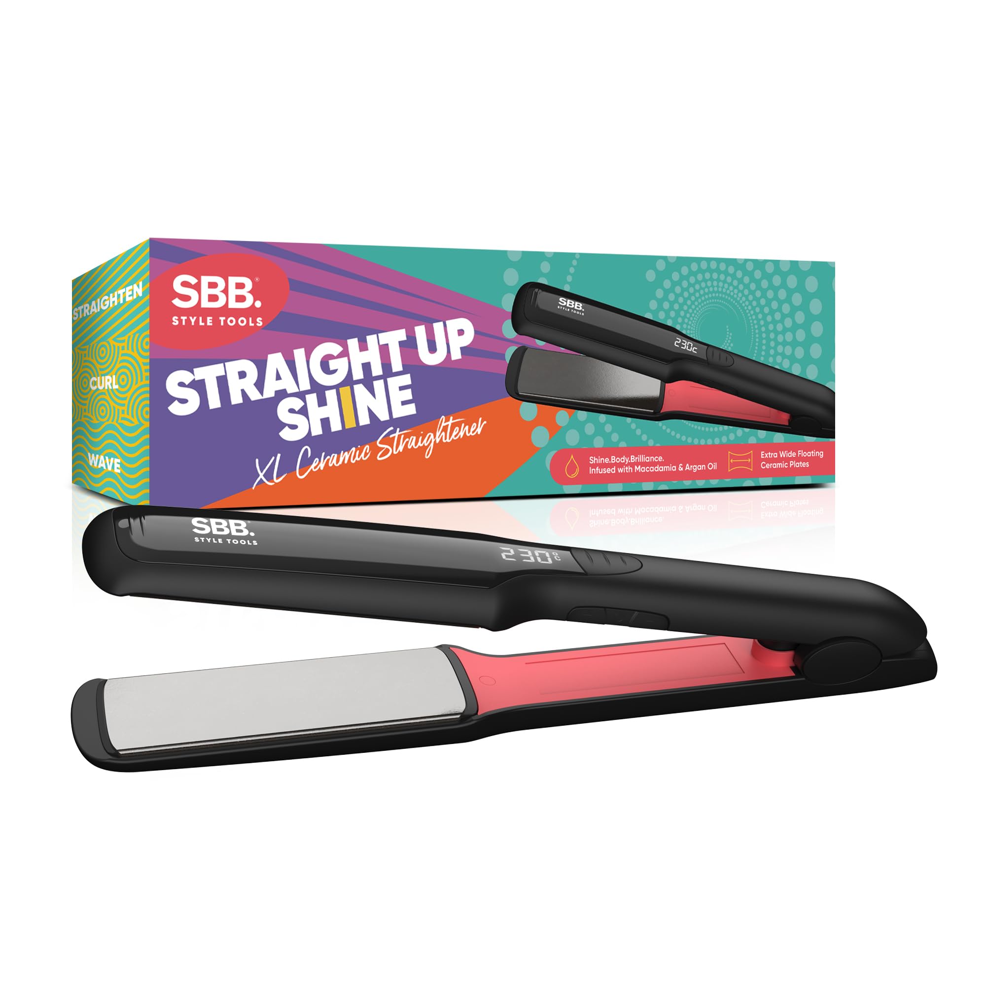 SBB Straight Up Shine XL Ceramic Hair Straighteners - Extra Wide Ceramic Plates for Styling, Straightening - Ultra Fast Heat, Variable Settings, Auto Shut Off, Infused with Macadamia & Argan Oil