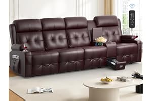 TOMOSLTER Loveseat Recliner Sofa, 4-Seater Home Theater Seating Massage Reclining Couch with USB, Center Console, Wall Hugger RV Recliners, 145° Recline & Cup Holders & Side Pockets,for RV & Movie Room