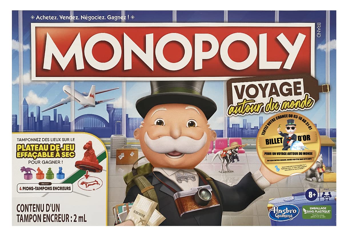Monopoly Travel Around the World for Family and Children 8 Years and Above with Ink Pads and Dry Erase Tray