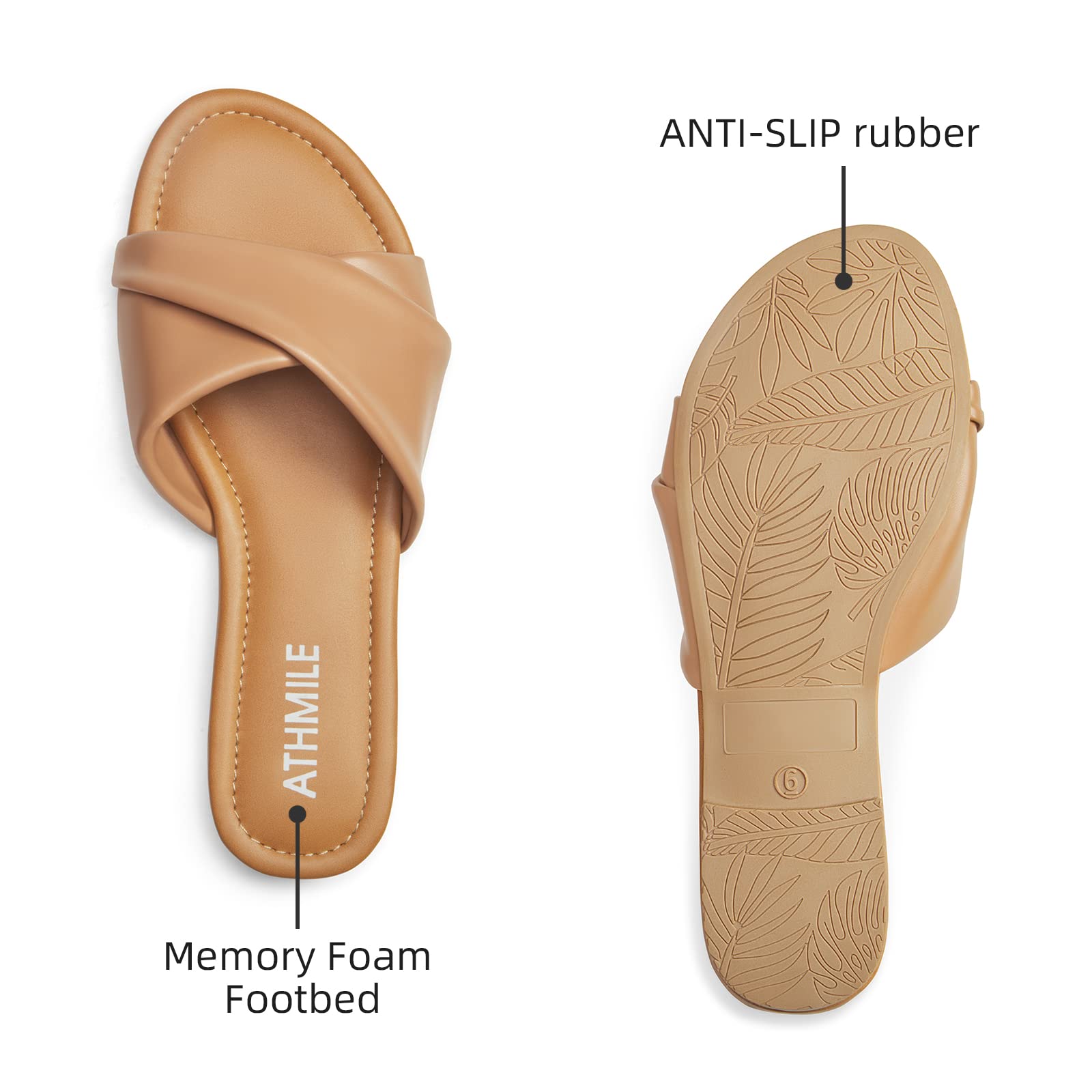 ATHMILE Sandals Women Dressy Summer Flat Comfortable Fashion Beach Cute Ladies Slides Leather Casual Dress Women's Sandals 2025 Size 6-11