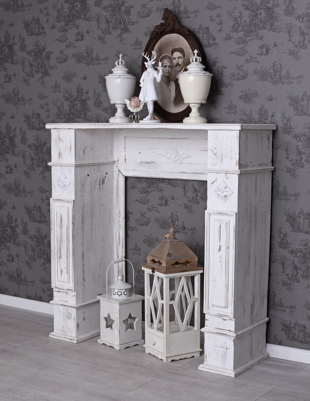 Kaminkonsole Landhaus Kamin Weiss Dekokamin Kaminumrandung