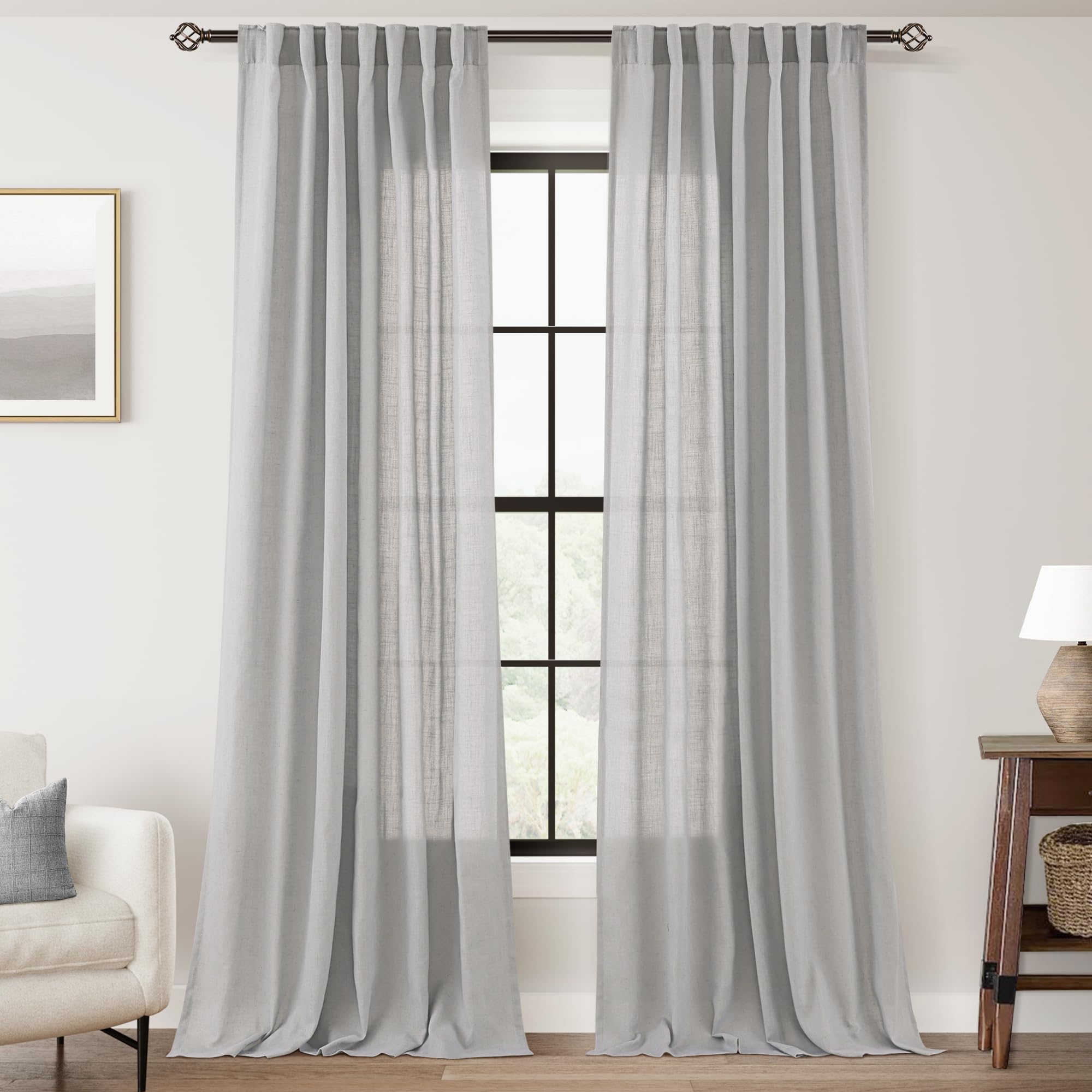 Photo 1 of Linen Blend Grey Curtains for Living Room Back Tab Modern Farmhouse Semi Sheer Light Gray Curtains 102 inches Long 2 Panels Set Muted Neutral Cotton Texture Window Curtain for Dining Room Bedroom
