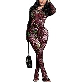 acelyn Women Sexy Two Piece Outfits Mesh Printed Bodycon Flared Pants Sets Club Going Out Birthday Outfits