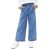 Haloumoning Girls Wide Leg Jeans Kids Elastic Waist Casual Demin Pants with Pockets 5-14 Years