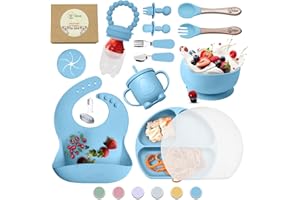 O'doe 17-Piece BPA-Free Silicone Baby Feeding Set | Thick & Soft Suction Plates, Baby Bowls, Wooden Fork & Spoon, and More | Make Mealtime Fun and Easy for Your Little One (Blue, V2)