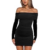 OWIN Women's Fall Off The Shoulder Ruched Bodycon Mini Dress Long Sleeve Ribbed Knit Fitted Club Party Dresses