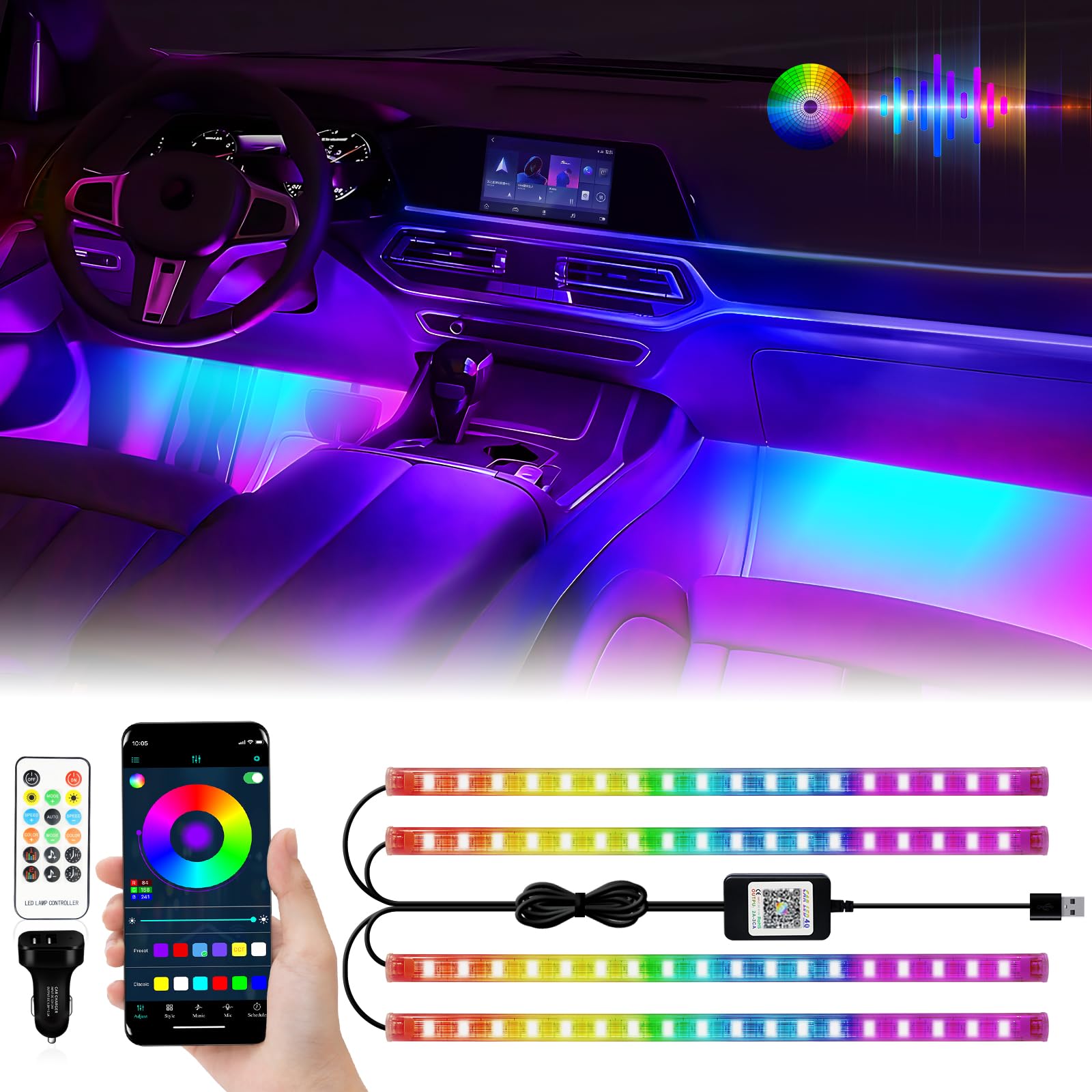 Photo 1 of YM E-Bright 72 LED Interior Car Strip Lights for Car App Control Led Lights with Charger Music Sync Under Dash Footwell Neon Lighting Kit w/USB Cable DC 12V 4in1 for Cars SUV Truck UTV