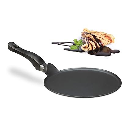 Relaxdays Crêpespfanne Aluguss 25 cm, antihaftbeschichtete Gusspfanne für Crêpes, pflegeleicht, extra flach, schwarz