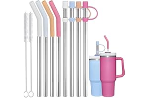 Greant 8 PCS Stainless Steel Straw for Stanley Adventure Quencher Tumbler 40 oz, 12 inch Straw with Straw Cover for Stanley, Metal Straws with Straw Tip for Stanley Cup (Stainless Steel, 12 inch)