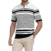 KUYIGO Men's Knit Collared Polo Shirts Short Sleeve Zipper Striped Tops Classic Fit Casual Soft T-Shirt