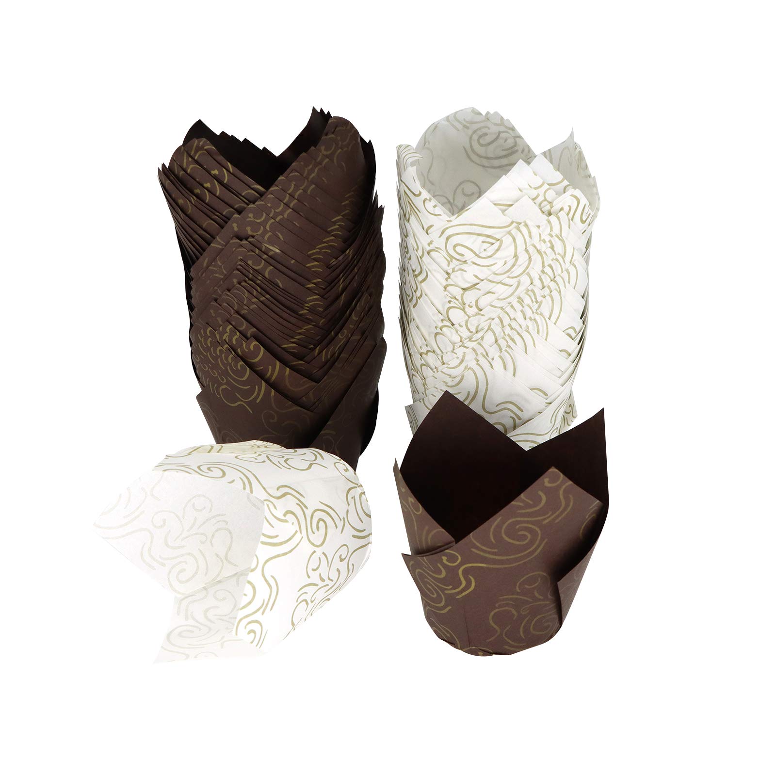 Tulip Cupcake for Baking Cupcake Cases Tulip Baking Cups, 2 Colors Paper Muffin Cups, Standard Size Muffin Cases Cupcake Liners Muffin for Wedding, Birthday, Party, Brown and White, 100PCS