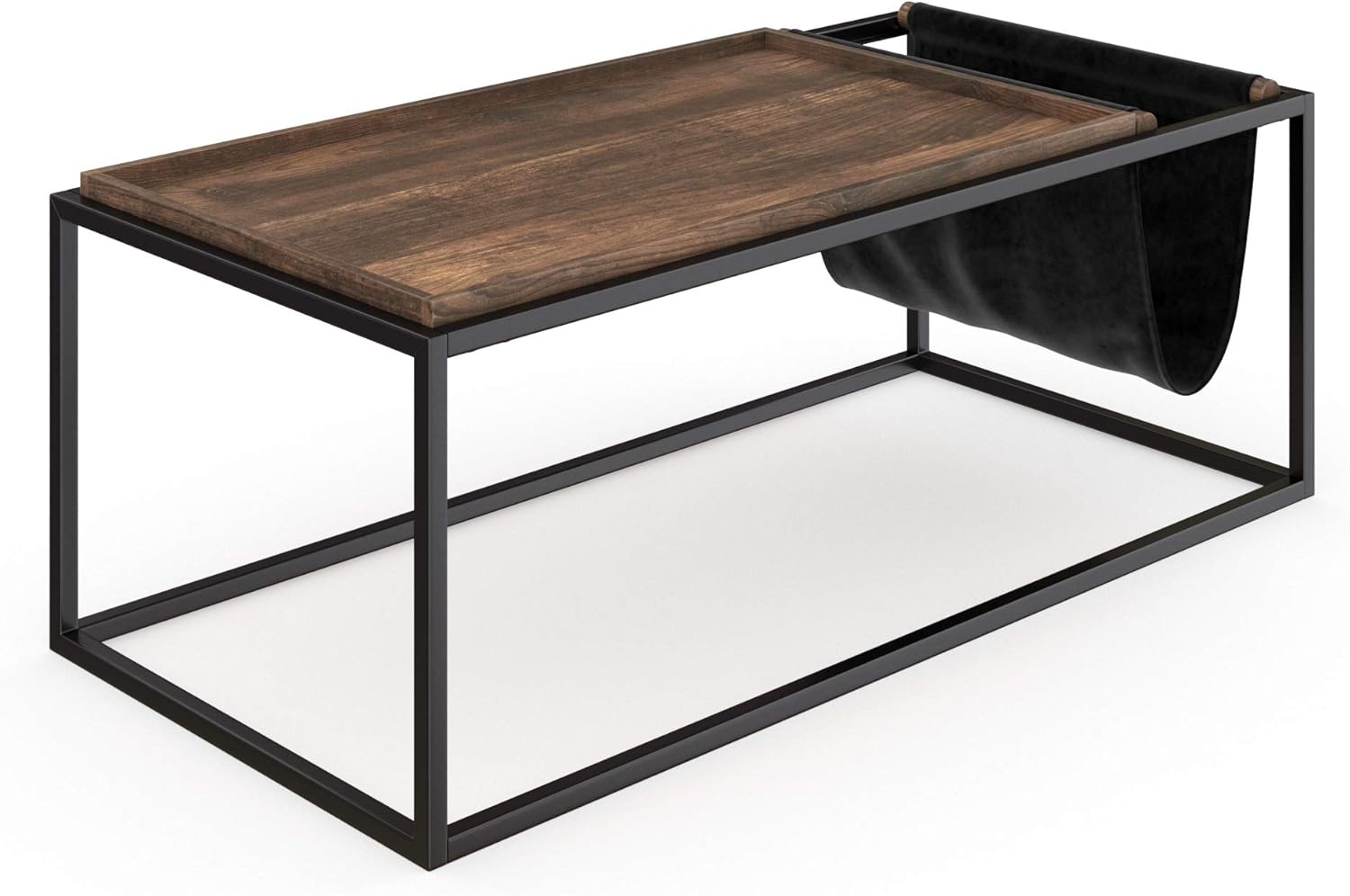 Nathan James Felix Modern Coffee Table with Wood Tray Top Vegan Leather Storage and Industrial Matte Steel Rectangle Metal Frame, Nutmeg/Black: Kitchen & Dining