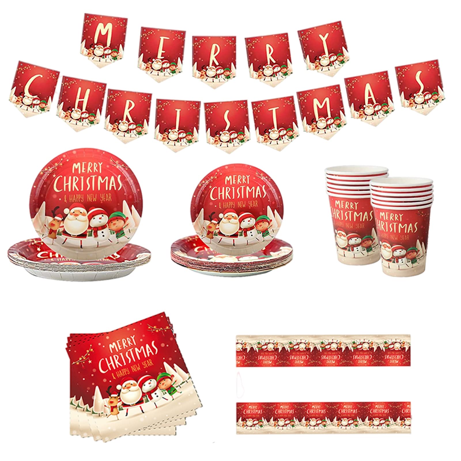 Christmas Party Tableware Set 16 Guests,Xmas Table Decorations Disposable Dinnerware Set Plastic Tablecloth Napkin Christmas Banner Paper Plates and Cups for Christmas Party Supplies Tableware Decor