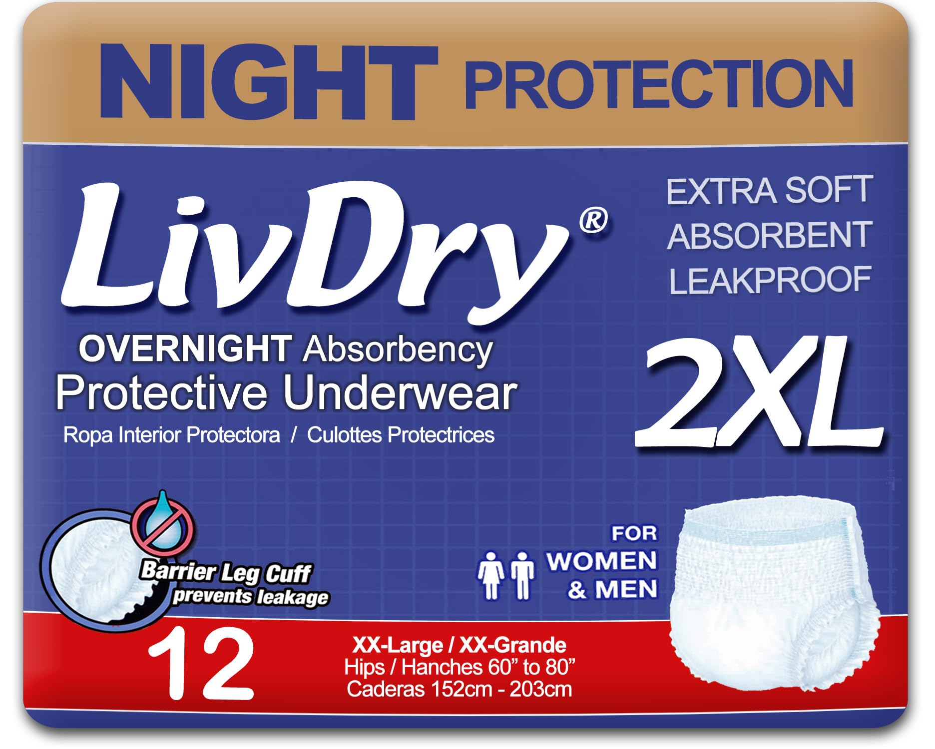 Photo 1 of LivDry Adult XXL Incontinence Underwear, Overnight Comfort Absorbency, Leak Protection, XX-Large, 12-Pack