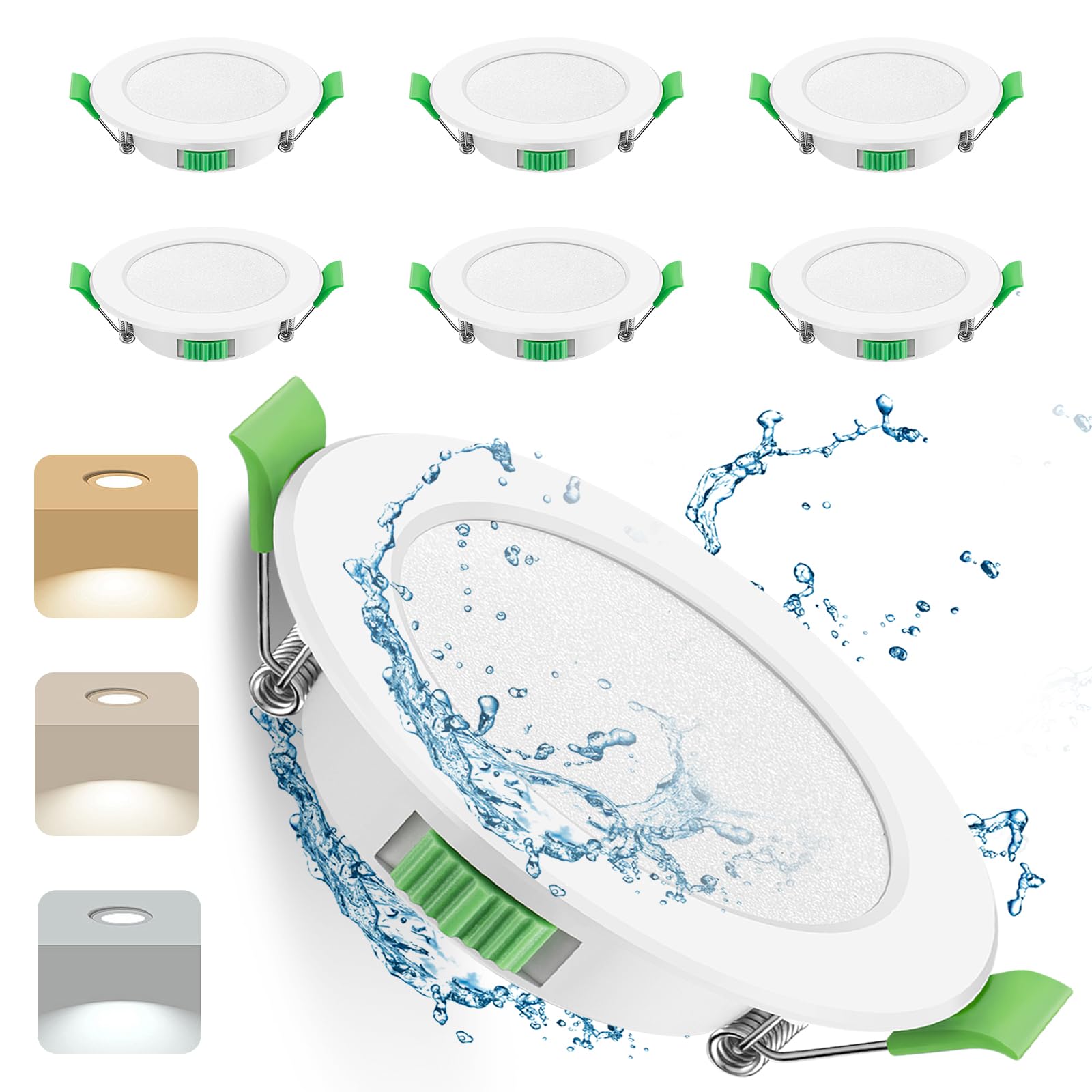LED Downlights Ultra Slim 7W LED Recessed Ceiling Lights Dimmable 6 Pack, Warm White 3000K Neutral White 4000K Cool White 6500K Adjustable, IP44 Round Spotlights for Kitchen Living Room Bathroom