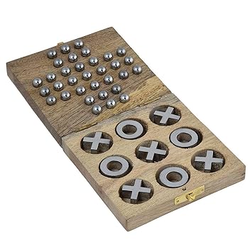 Fine Craft India 2 in 1 Board Games Includes Tic-Tac-Toe & Solitaire Set Hand Carved with Storage Box Silver Marbles