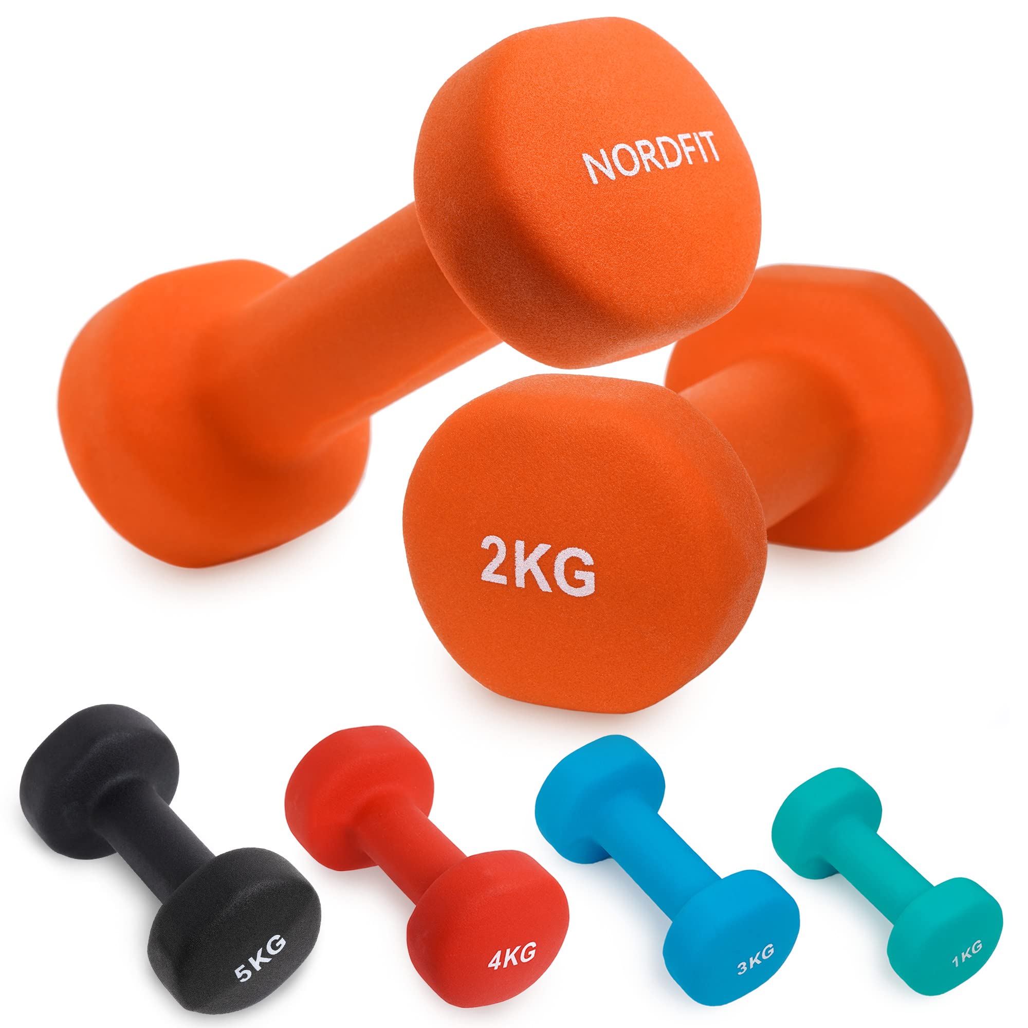 Neoprene Coated Dumbbells for Home Exercise, Pilates, Gym, Cardio, Dumbbell Weights Set in 1-5kg Pairs by Nordfit