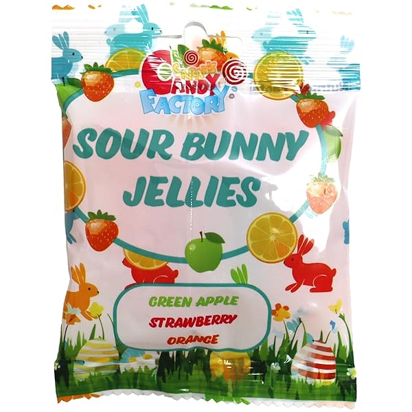 SARAH’S CANDY FACTORY MIX SOUR BUNNY JELLY GUMMY CANDY, 1 OZ (48 PACK) SINGLE SERVE SNACK PACKS, FUN IN EVERY 1 OZ BAG, GREEN APPLE, STRAWBERRY AND ORANGE FLAVOR