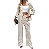 Women's Linen 2 Piece Outfits Blazer Suit Wide Leg Pantsuits Dressy Business Casual Work Jackets Sets