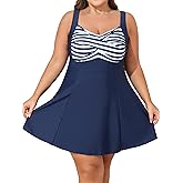 Smismivo Plus Size Swim Dress Tummy Control Swimdress for Women One Piece Swimsuit Built in Shorts Retro Bathing Suit