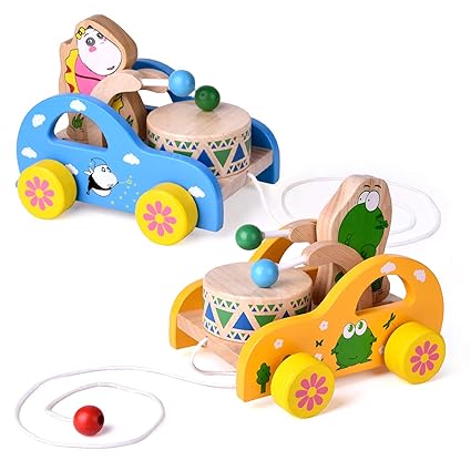 2 Pack Toddler Toys, Wooden Pull Toys for Kids, Animal Pull-Along Toys Beating Drum, Wooden Baby Toys, Gifts