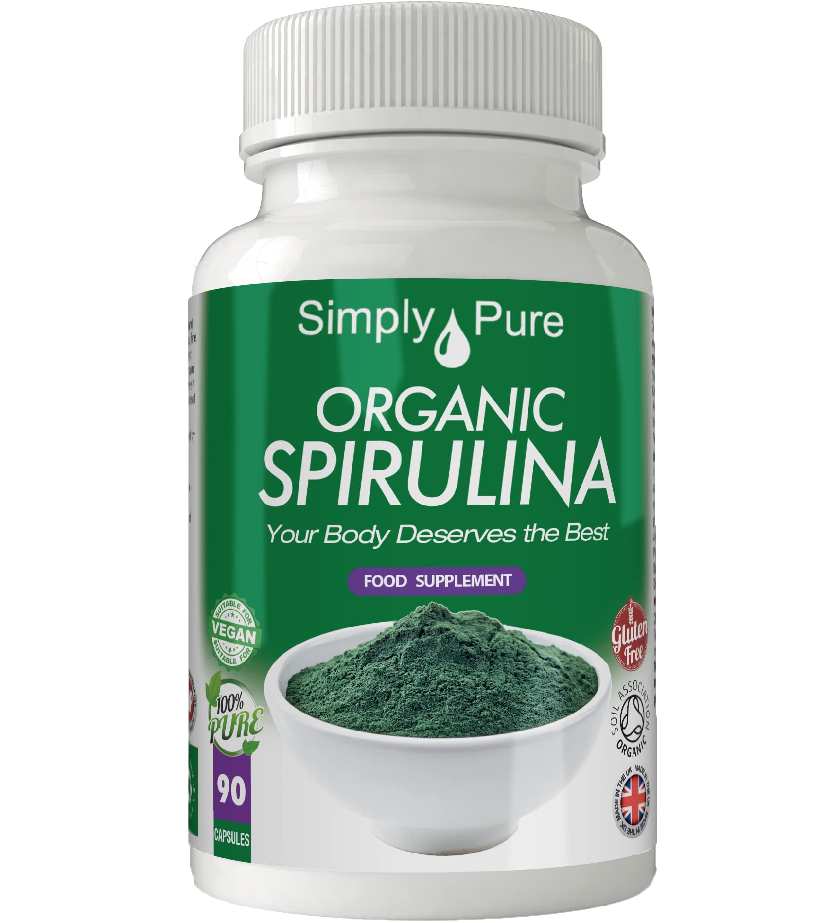 Simply Pure Organic Spirulina for Nutritional & Gut Health | Vegan Source of Protein & Iron | 100% Pure Soil Association Certified | 500mg Capsules x 90 | Gluten Free | GM Free | Vegan