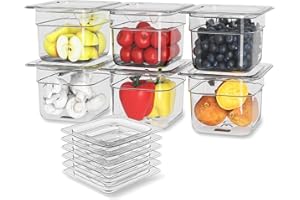 HNEDSEN 6 Pack Plastic Food Pan with Lid 1/6 Size 4 Inch Deep Restaurant Clear Food Storage Containers with lids Polycarbonate Commercial Hotel Pans for Fruits Vegetables Beans Corns (6 PCS, 4'' Deep)