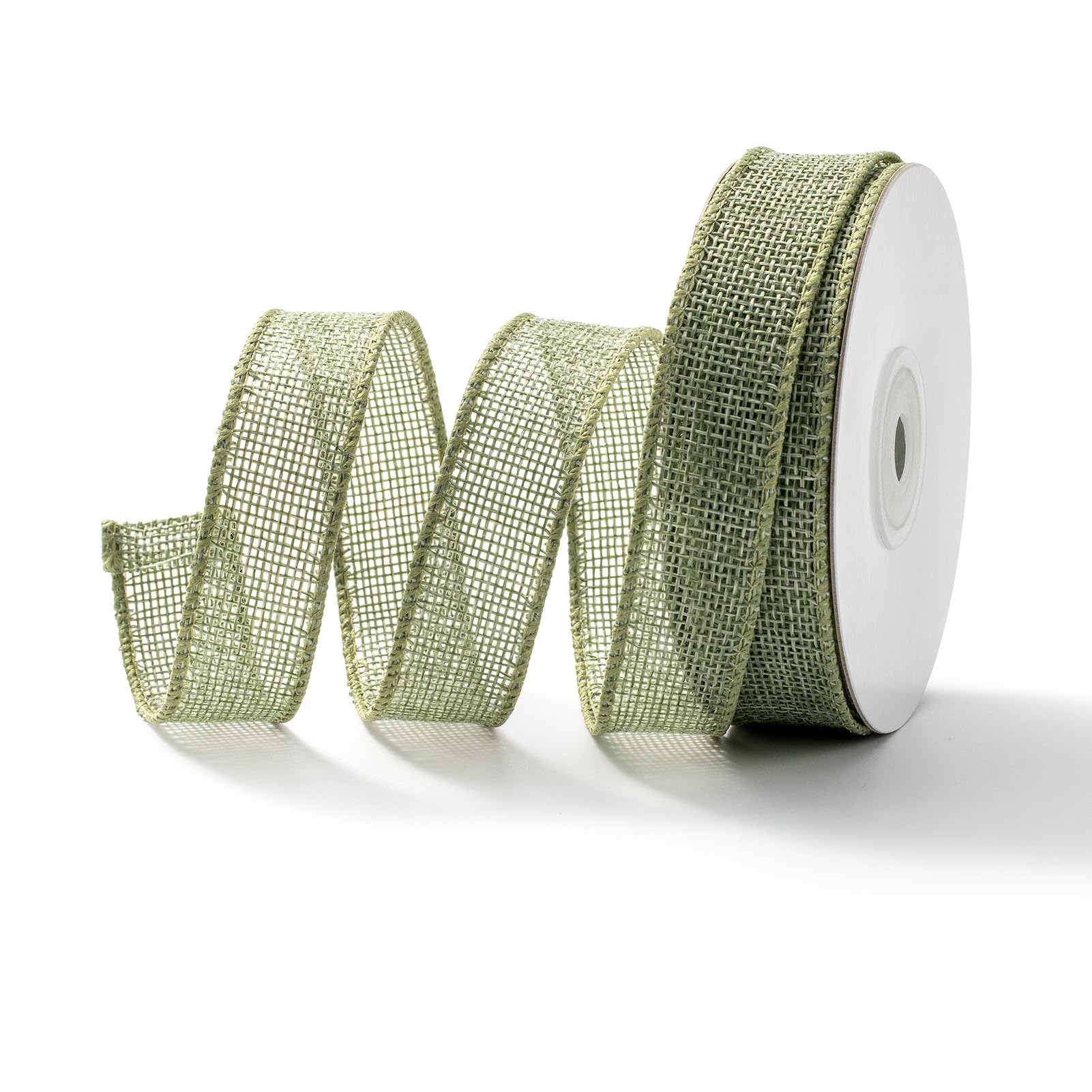 MORSUNBELA Gift Ribbon - Wide Green Jute with Wire Edge, Sage Green Silk - 2.5 cm x 9 m