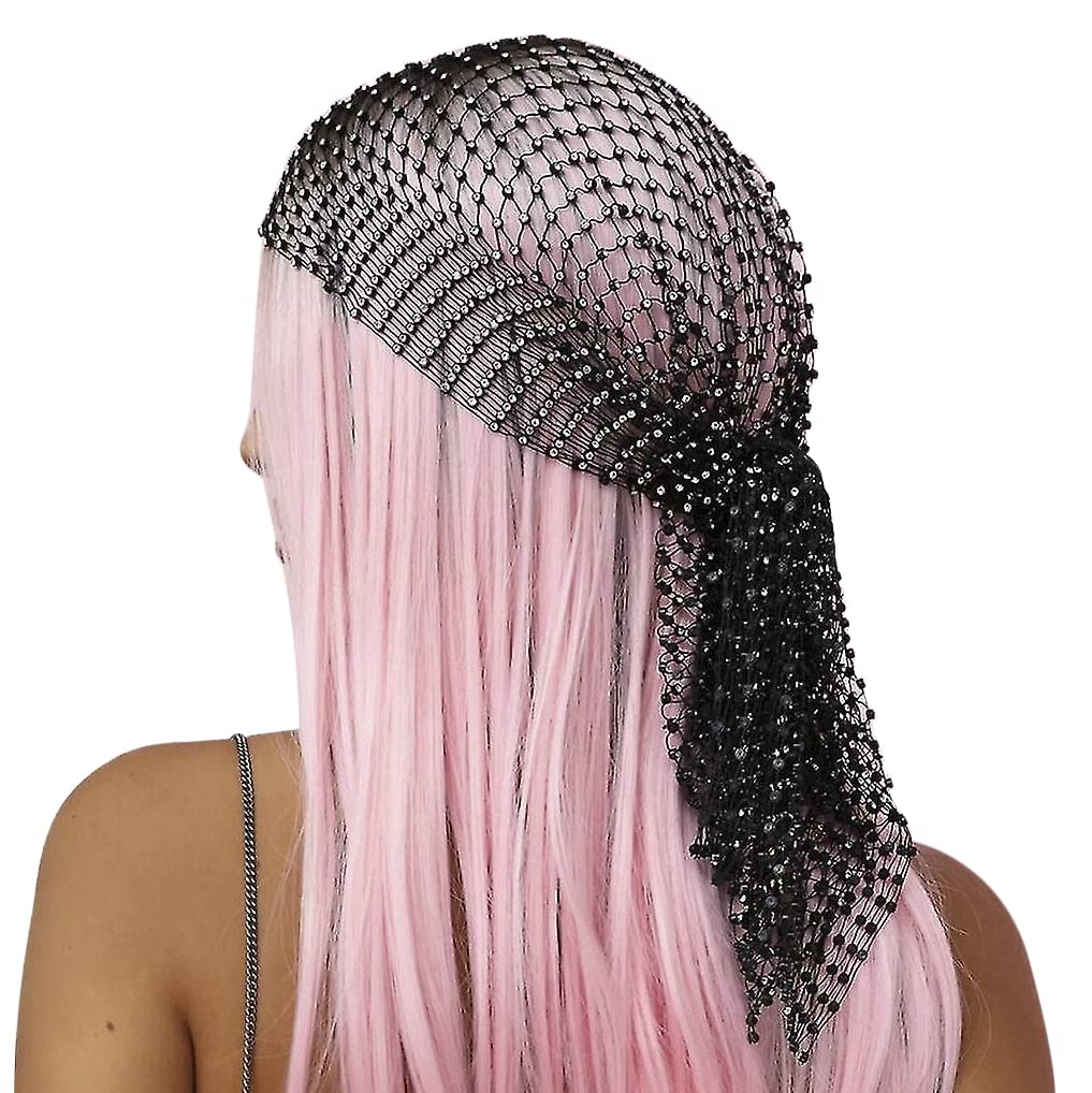 Crystal Mesh Headpiece with Rhinestone Skull Design, Eye-catching Bling Fishnet Headband Elastic Mesh Headdress Cap Turban Cap Hollow Punk Party Nightclub Hair Accessories for Women Girls (Black)