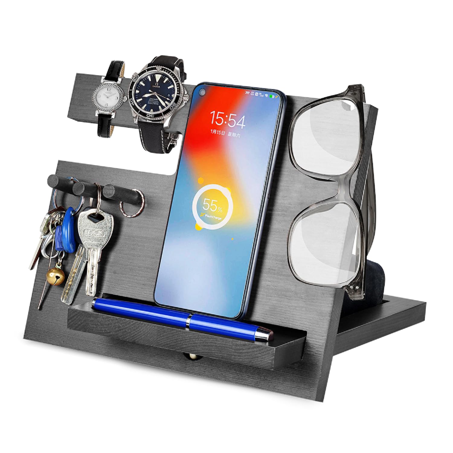 AliveByte Men's Bedside Organiser: Wooden Phone Docking Station & Organiser - Black Ash Wood - Valentines Day Gift for Men
