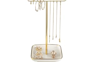 JOSMIMIC Jewelry Holder Stand with Ceramic Base: 12" Tall Necklace Organizer Rack, Tree Design Display Storage for Necklaces, Bracelets, Rings, Earrings, Aesthetic Room Décor for Girls and Women, Gold