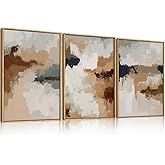 LHIUEM Large Abstract Brown Grey Framed Canvas Wall Art,Neutral Brush Stroke Pastel Wall Decor,Modern Color Block Wall Painting,Minimalist Artwork for Living Room,Bedroom,Dining Room,Office -24"x36"x3