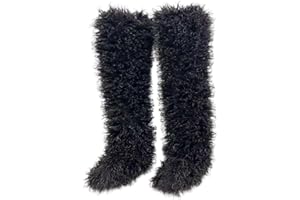 YFJNV Black Thigh High Fur Boots, Over the Knee Fluffy High Boots, Tall Furry shoes for Women