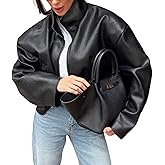 REASERAL Womens Leather Jacket Zipper Stand Collar Motorcycle Jacket Bomber Jacket Fall Winter Faux Coat