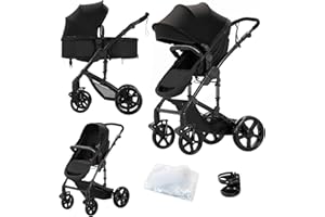 SUPPERBEBE 2 in 1 Baby Stroller with Bassinet Convertible Reversible Standard Baby Pram Portable Pushchair Infant Buggy Baby Carriage Foldable High Landscape Pram for Toddler Newborn (2US588-BLACK)