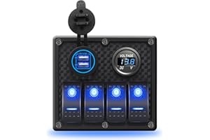 AMOMD 4 Gang DC12V/24V Blue LED Rocker Switch Panel Dual Light ON-Off Switch with 5V 4.8A USB Charger and Digital Voltmeter W