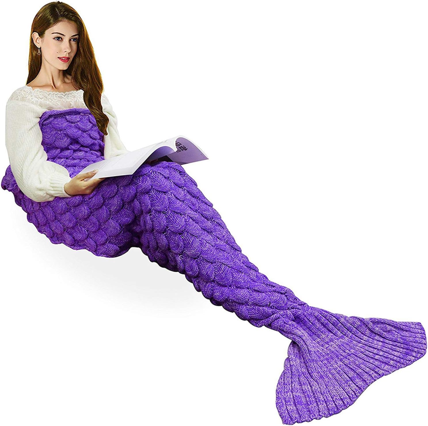 yashidali Wearable Mermaid Tail Blanket Crochet, All Seasons Warm Knitted Bed Blankets Sofa Living Room Quilt for Kids and Adults, Fish-Scales Pattern, 70.9" x 35.5" (180 x 90cm), Violet