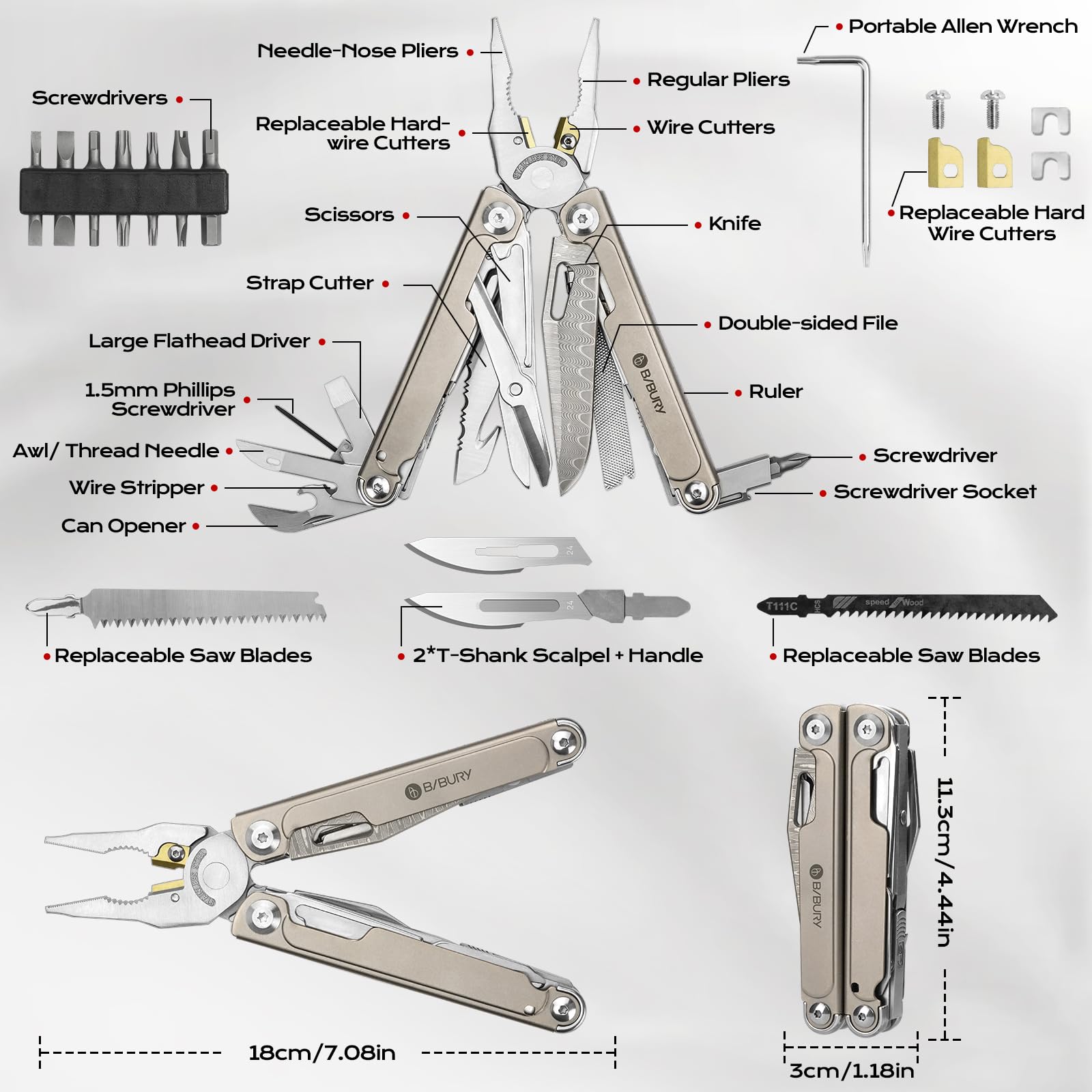 BIBURY Multitool Titan & Damast Messer - Multifunktionswerkzeug mit Zange, Schere, austauschbarer Säge & Bits - Profi EDC Taschenmesser Geschenke für Männer, Reparieren, Camping Zubehör BI2049TI 9