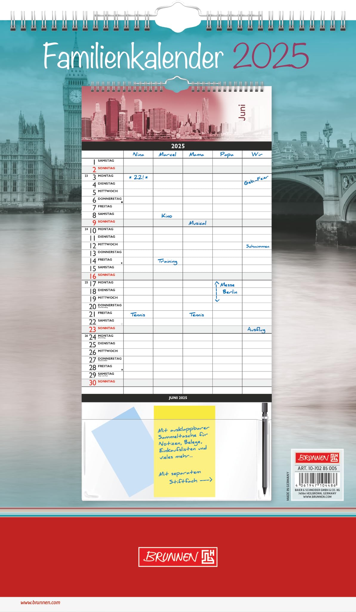 BRUNNEN Family Calendar (2025) "Big City", 1 Page = 1 Month, 12 Sheets