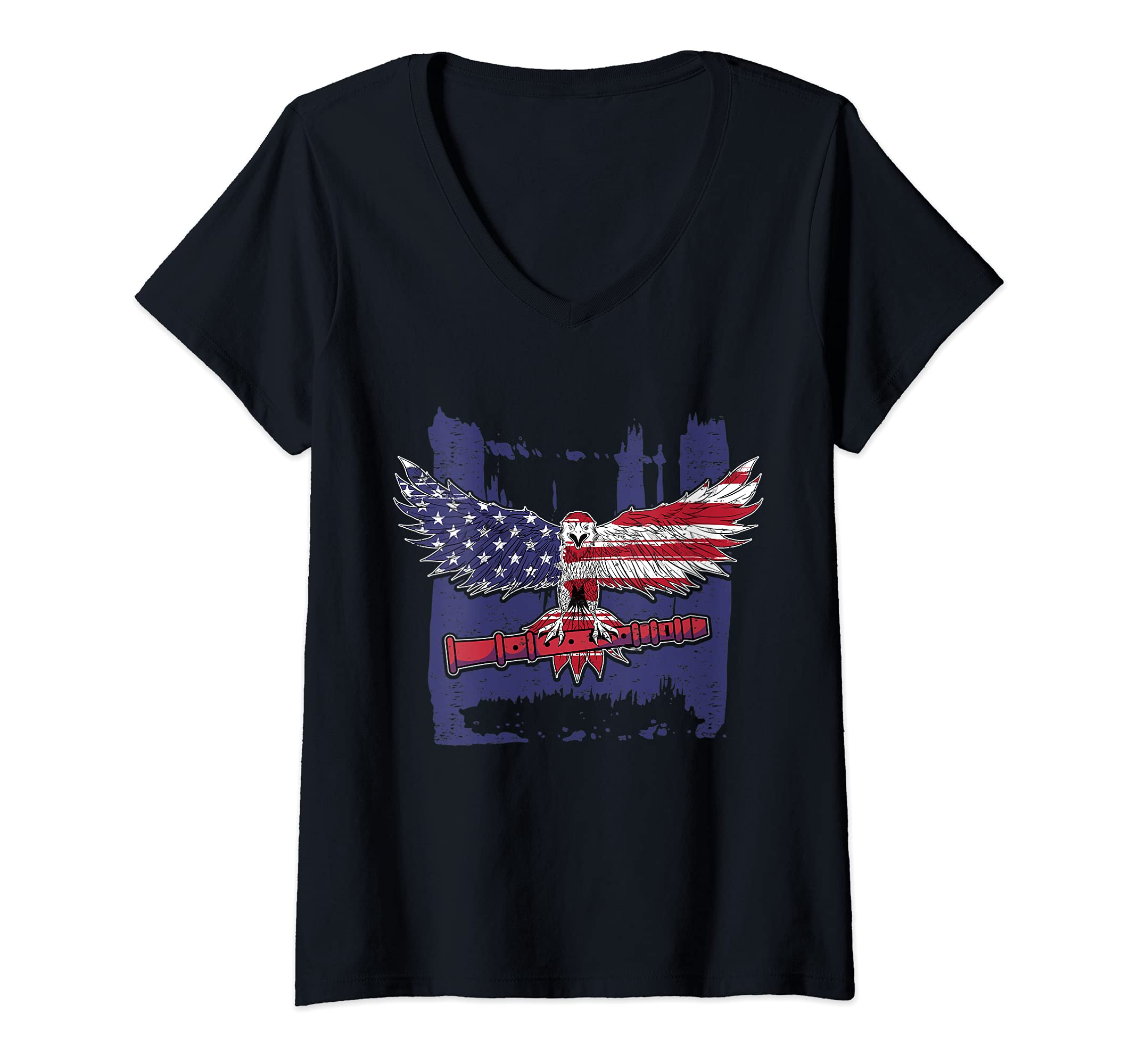Womens Patriotic Flute Player Flutist I American Eagle USA V-Neck T-Shirt