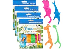Kids Flossers 4 Pack (200 Count) – Fun Animal-Shaped Floss Picks for Kids, Bubble Gum Flavor, Easy Glide Between Teeth, Helps